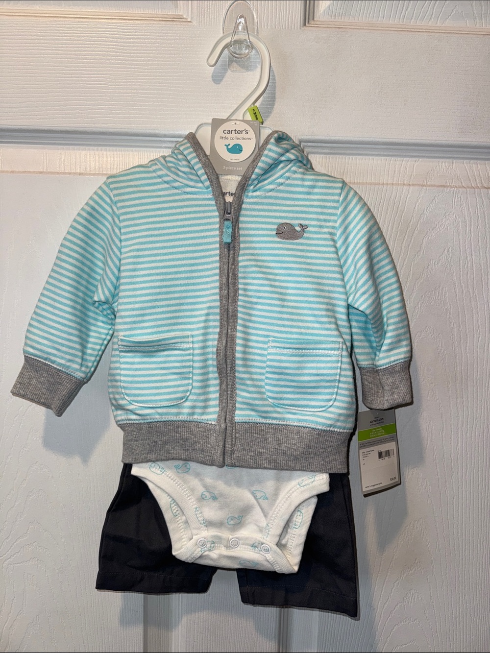 Carter's Light Aqua & Gray Striped Hoodie Set with Whale